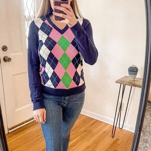 Lilly Pulitzer Argyle Plaid V Neck Sweater